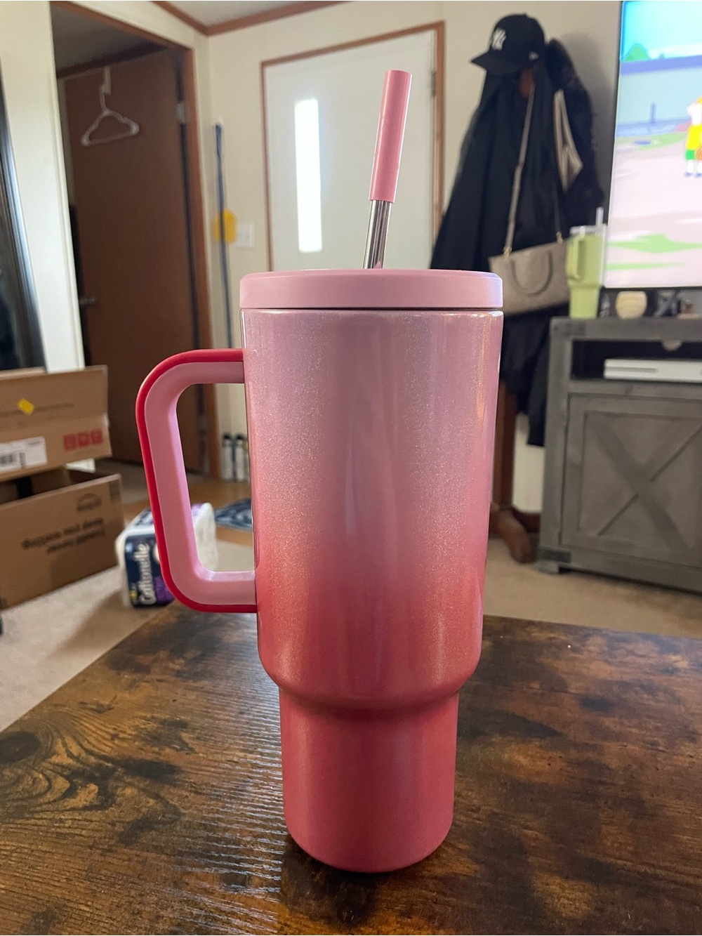 Pink Gradient Travel Tumbler with Handle and Straw